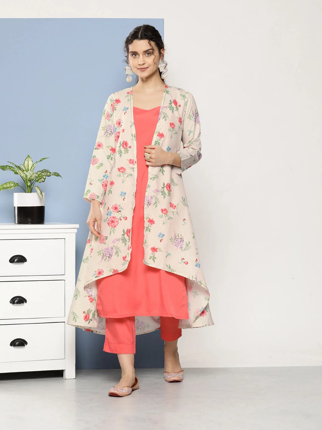 Pink Floral Kurta with Trousers - Women's Kurta Sets India