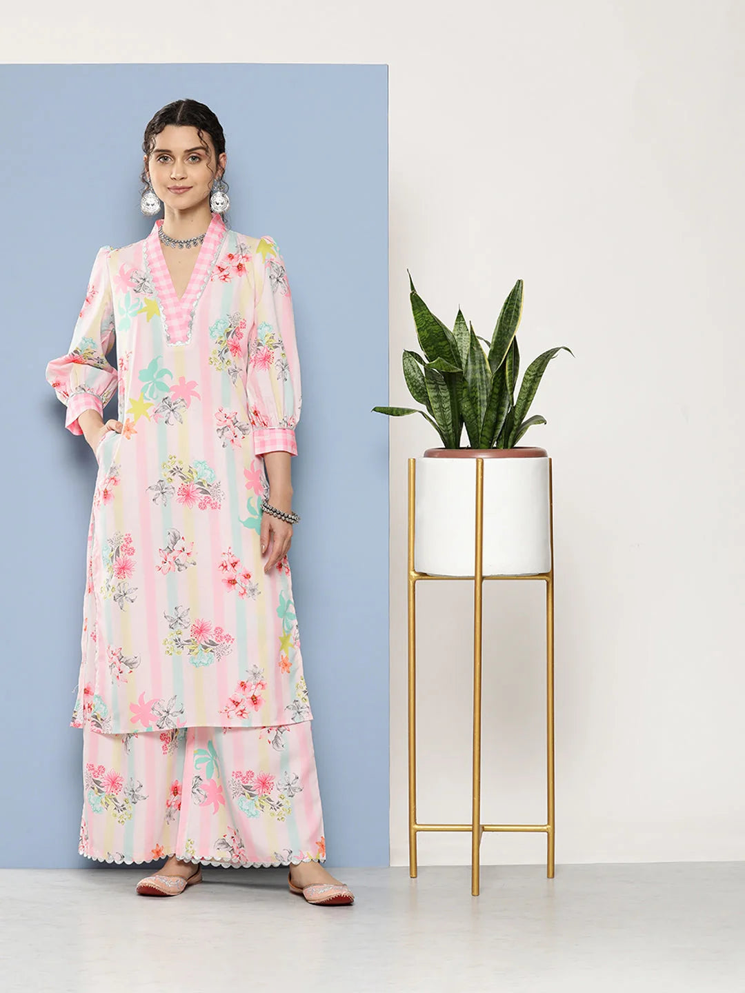 Pink Floral Kurta Palazzo Set with Gotta Patti - Chic Style