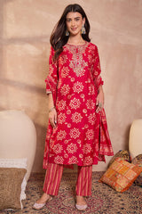 Pink Rayon Blend Floral Printed Straight Kurta Trouser With Dupatta VKSKD3214