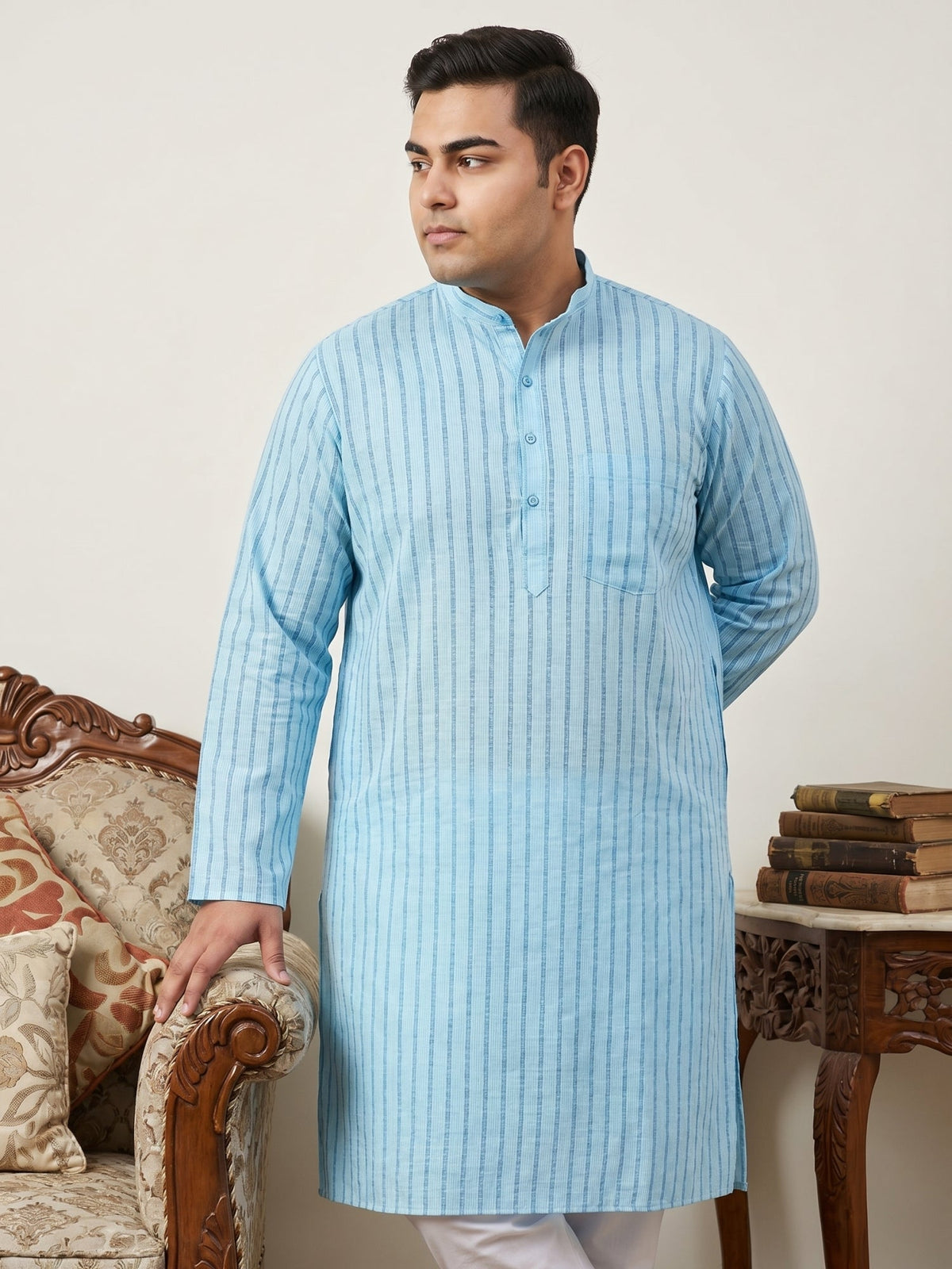 Men's Cotton Striped Kurta Pyjama Set ( JOKP P 5207Sky  )