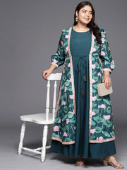 Green Floral Printed Plus Size Maxi Ethnic Dress-AP-AHEDCRDP-132