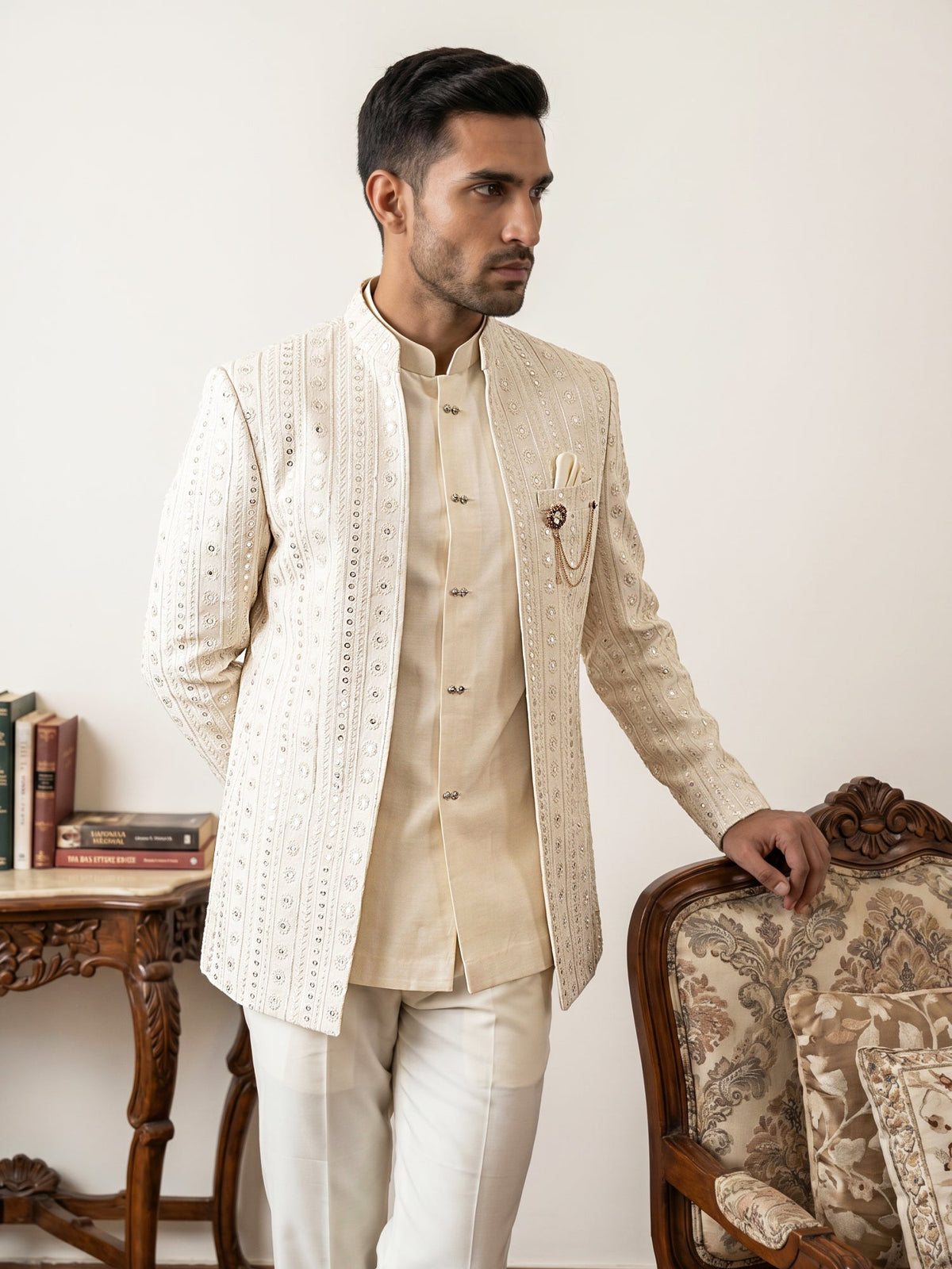 Silk Blend Sequin & Embroidered Indo-Western Set ( 50JIND 226Cream )