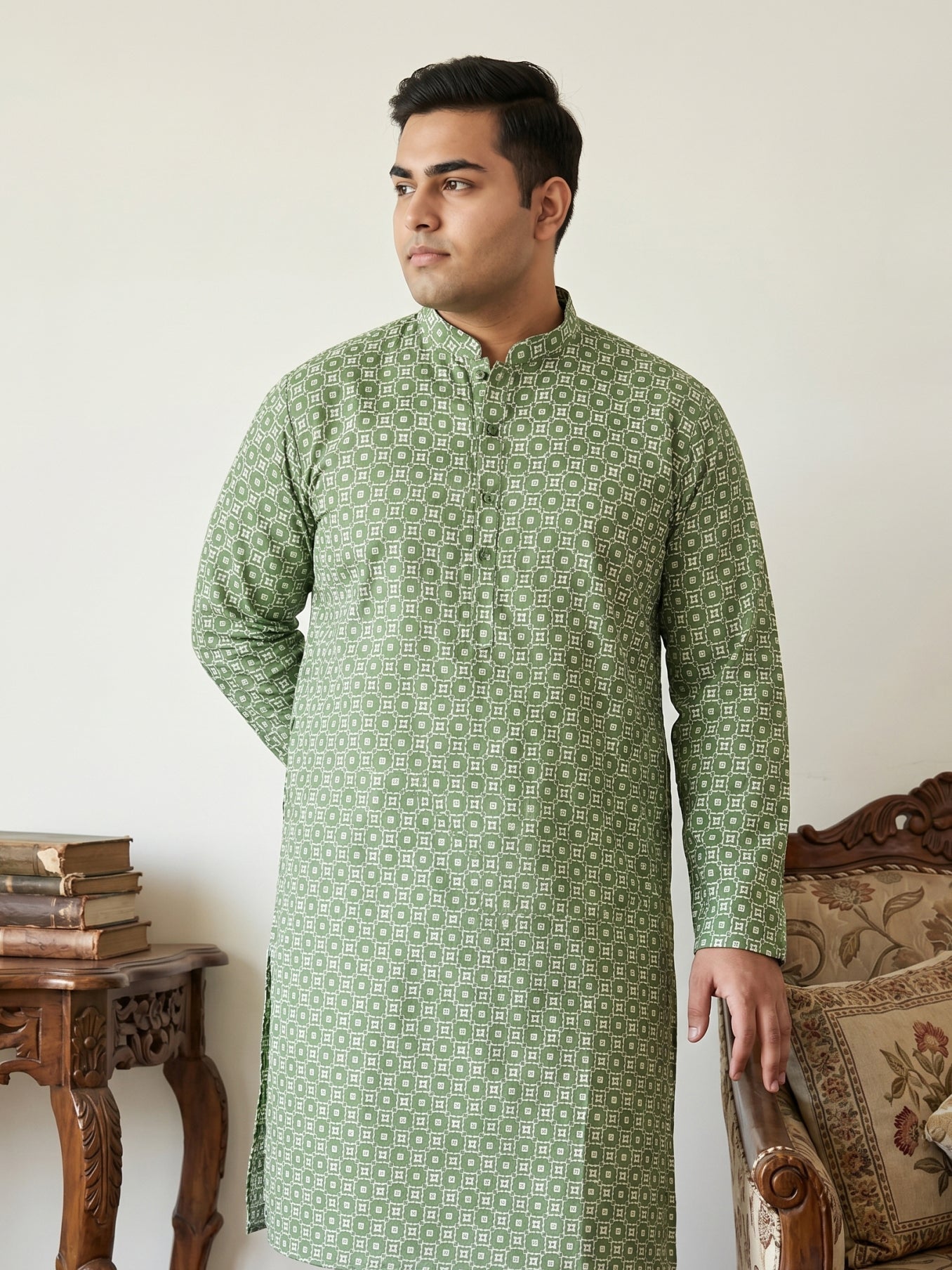 DesiQlo Men Printed Kurta Only - Green - KO_5198Olive_3XL