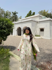 Off White Floral Printed Cotton Kurta Palazzo Set with Olive Green Dupatta