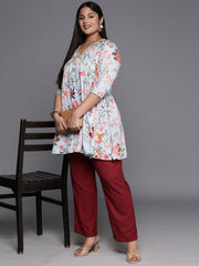 Sea Green & Pink Floral Printed Plus Size Tunic-AP-AHTUCRDP-8104