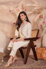 Off White Silk Blend Solid Embroidered Straight Kurta Trouser With Dupatta PKSKD3103