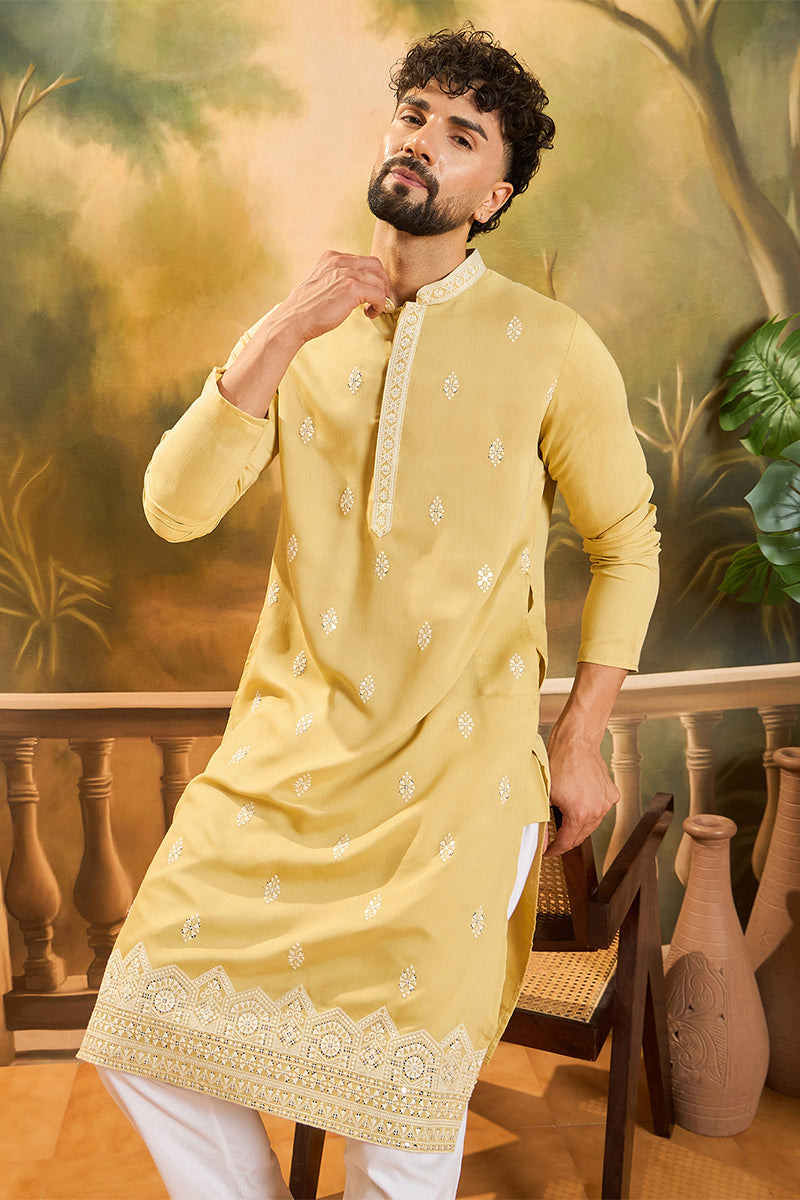Yellow Silk Blend Solid Embroidered Straight Kurta MKU1434