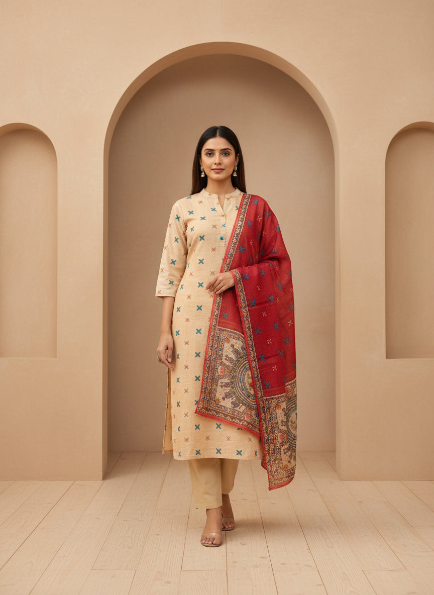 Cotton Blend Kurta Set for Women - Beige | MLWSHKS9303BEI | DesiQlo