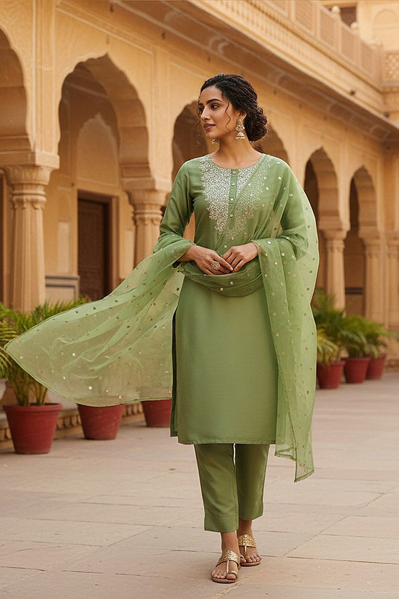  Women Green Poly Silk Solid Yoke Design Kurta PKSKD1589