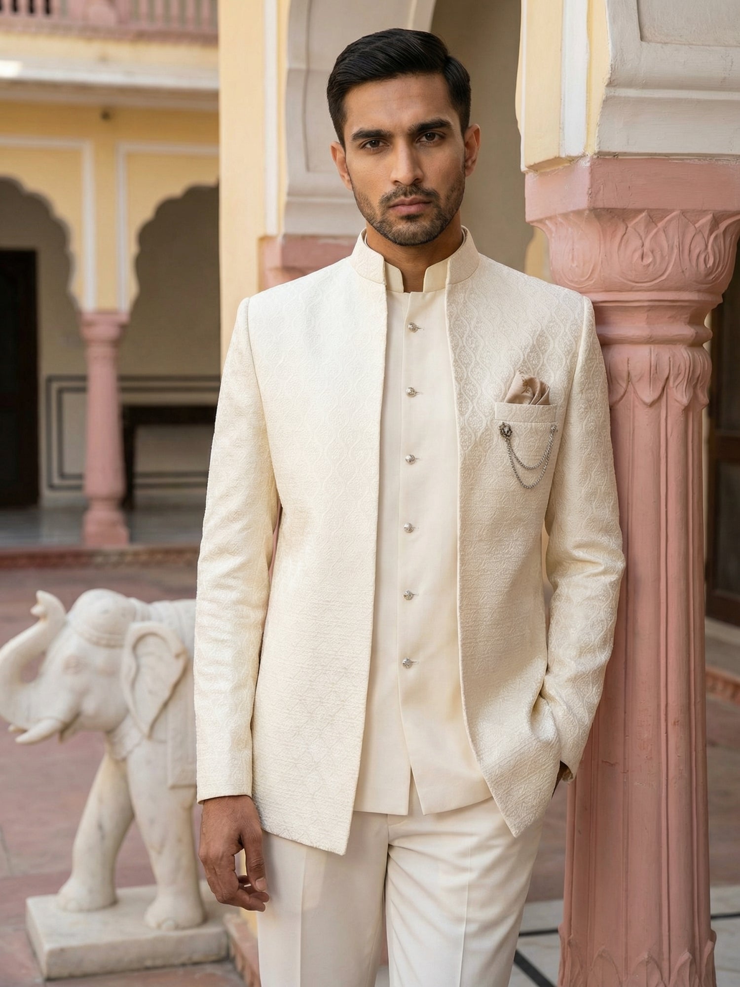 DesiQlo Men Self Design Indo Western Set - Beige - 50JIND_155Cream_S