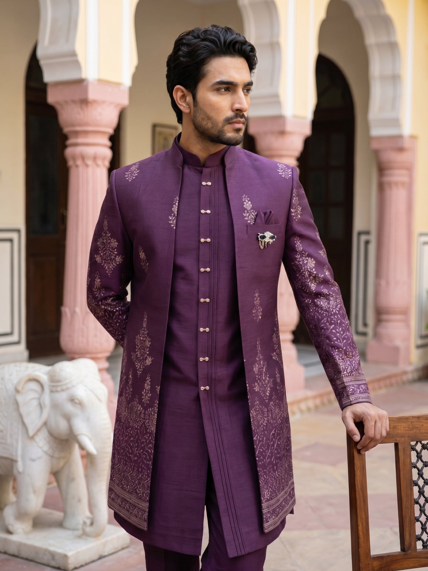 DesiQlo Men Embroidered Indo Western Set - Purple - 50JIND_221Purple_S