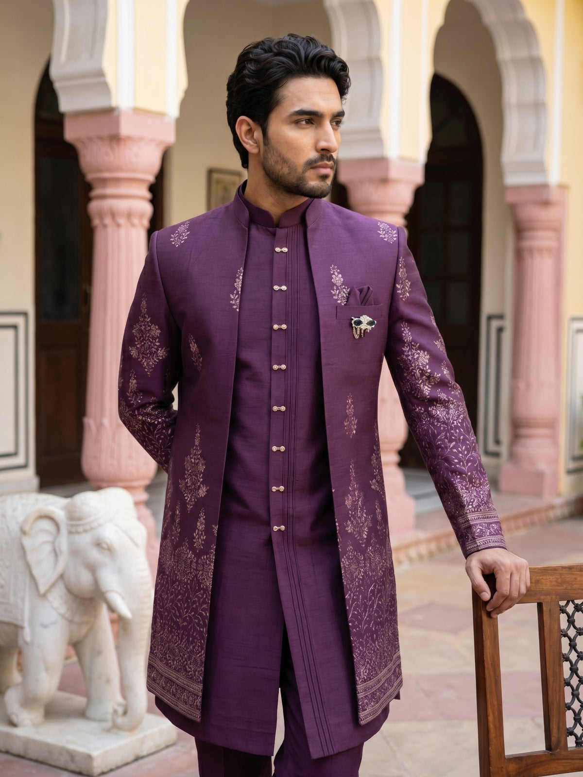 Men's Silk Blend Embroidered Indo-Western Set ( 50JIND 221Purple )