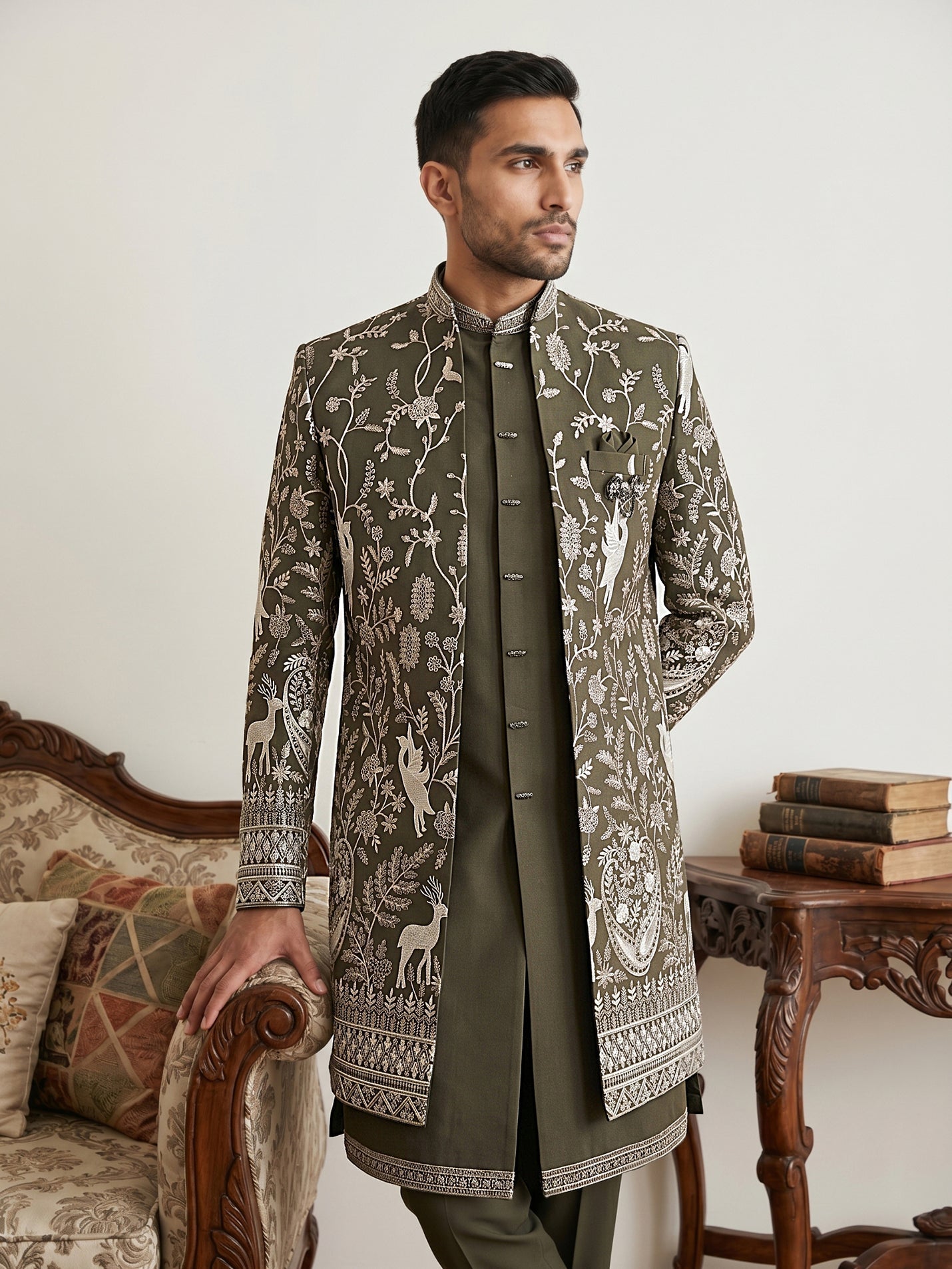 DesiQlo Men Embroidered Indo Western Set - Green - 50JIND_230Mehndi_S