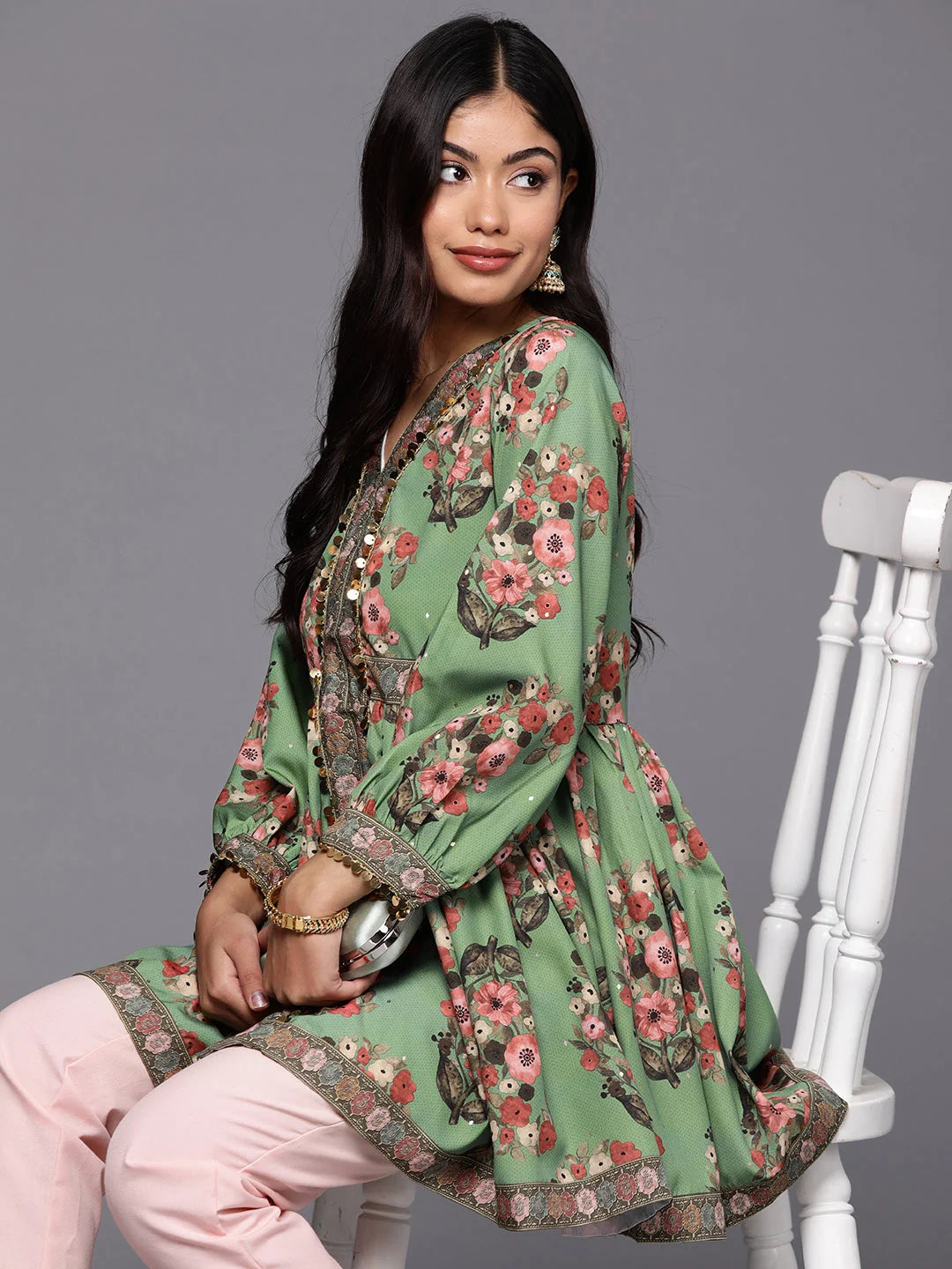 Green & Pink Floral Printed Tunic Top | Indian Kurta for Ladies