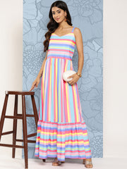 Pink & Blue Striped Maxi Ethnic Dress-AHEDCRDP-202-ICH