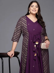 Burgandy & Gold Printed Plus Size Maxi Ethnic Dress-AP-AHKUCRGP-886