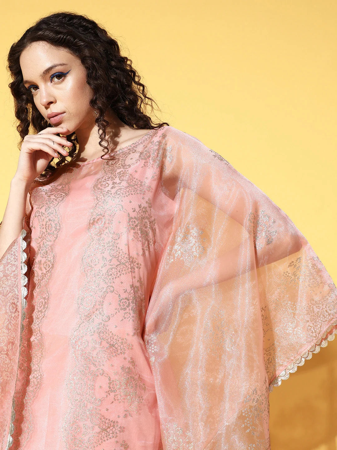 Pink & Gold Printed Gotta Patti Organza Kaftan Kurta-AHKFORGL-6063