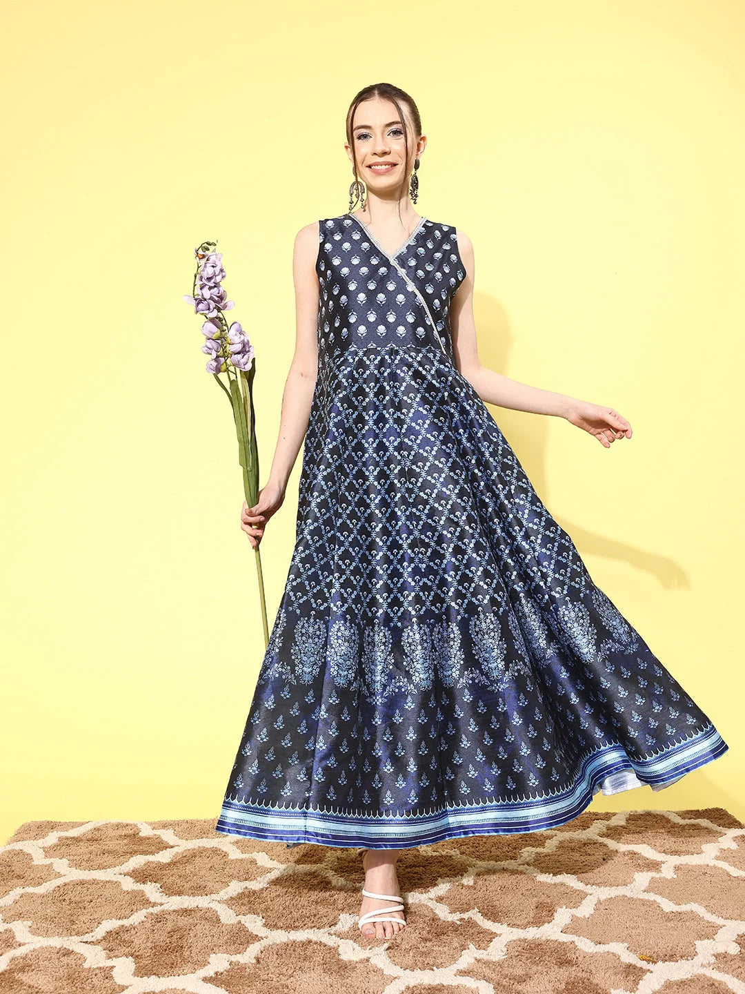Navy Blue Floral Printed Maxi Ethnic Dress-AHEDPSDP-194-FF