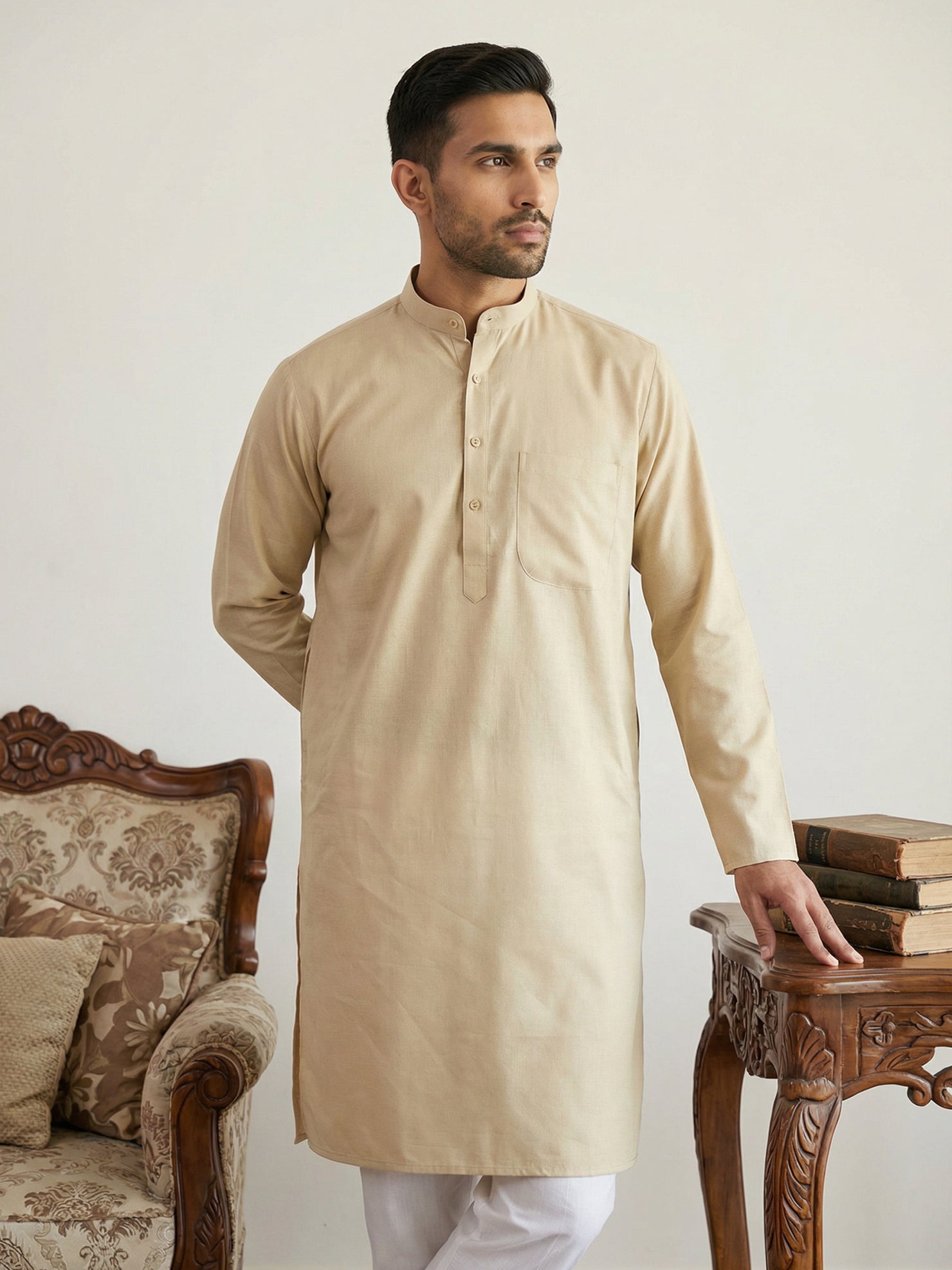 DesiQlo Men Solid Kurta Only - Beige - KO_5144Beige_S