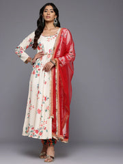 Floral Printed Pleated Sequinned Kurta With Churidar & Dupatta-AHKUDUCD-COMBO-956