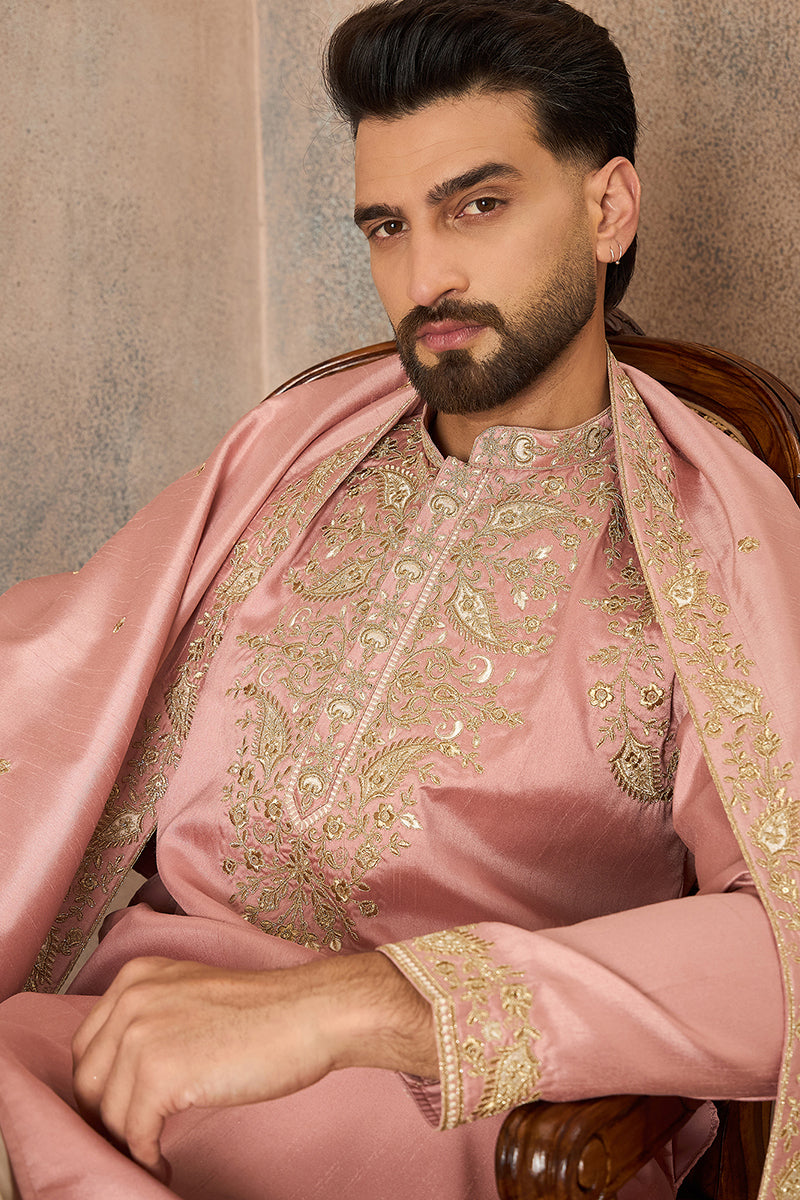 Pink Zari Embroidered Silk Blend Kurta with Dupatta MKUD1045