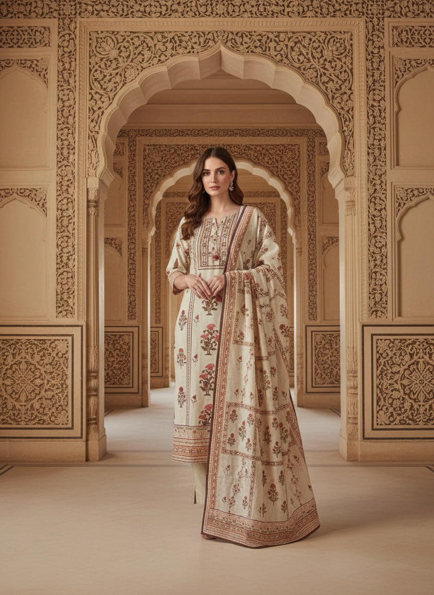 Cotton Blend Kurta Set for Women - Beige | MLWSHKS9283BEI