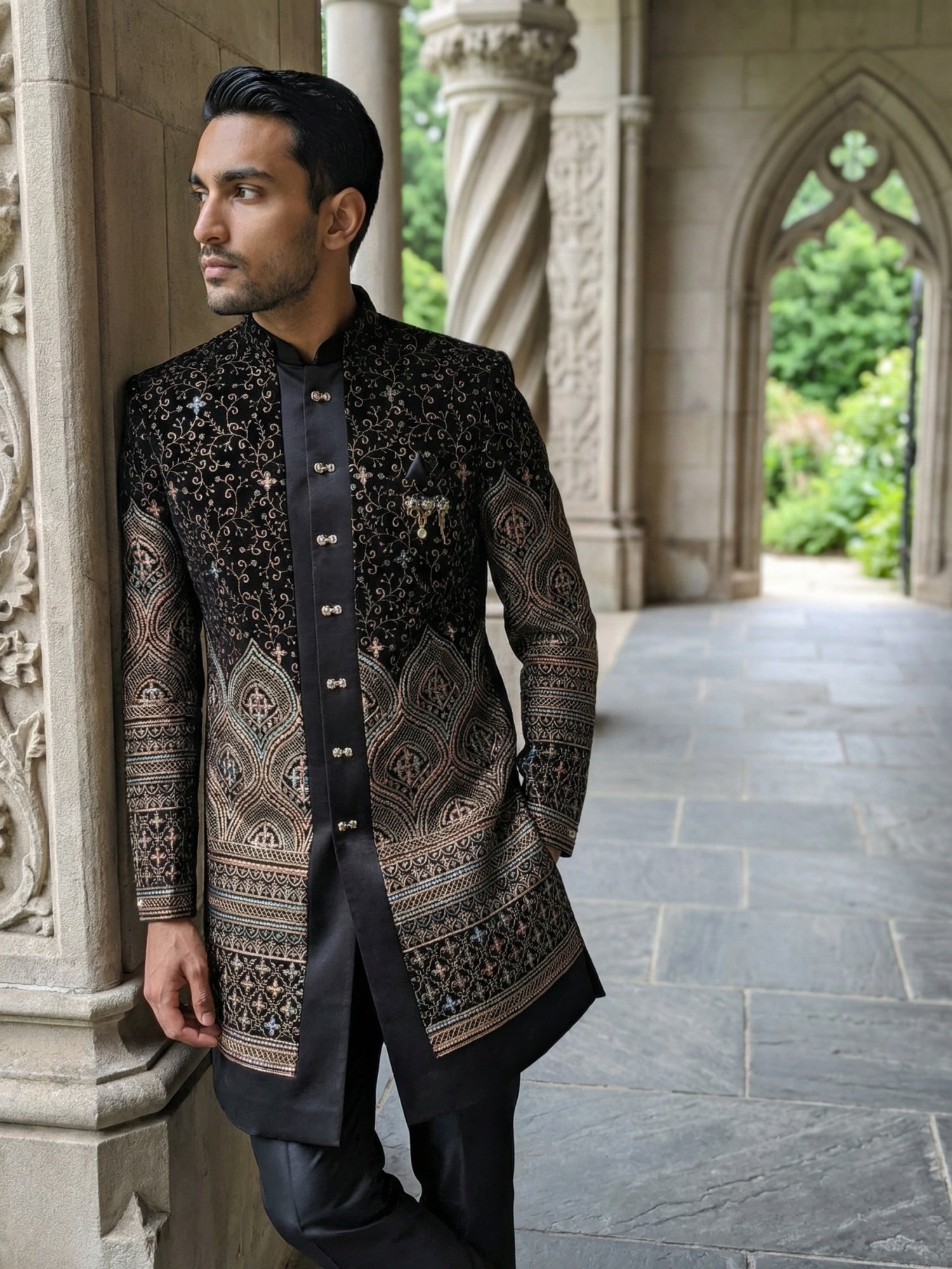 DesiQlo Men Embroidered Indo Western Set - Black - 50JIND_130Black_S