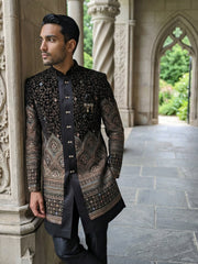 Men’s Black Embroidered Indo-Western Set ( 50JIND 130Black S )