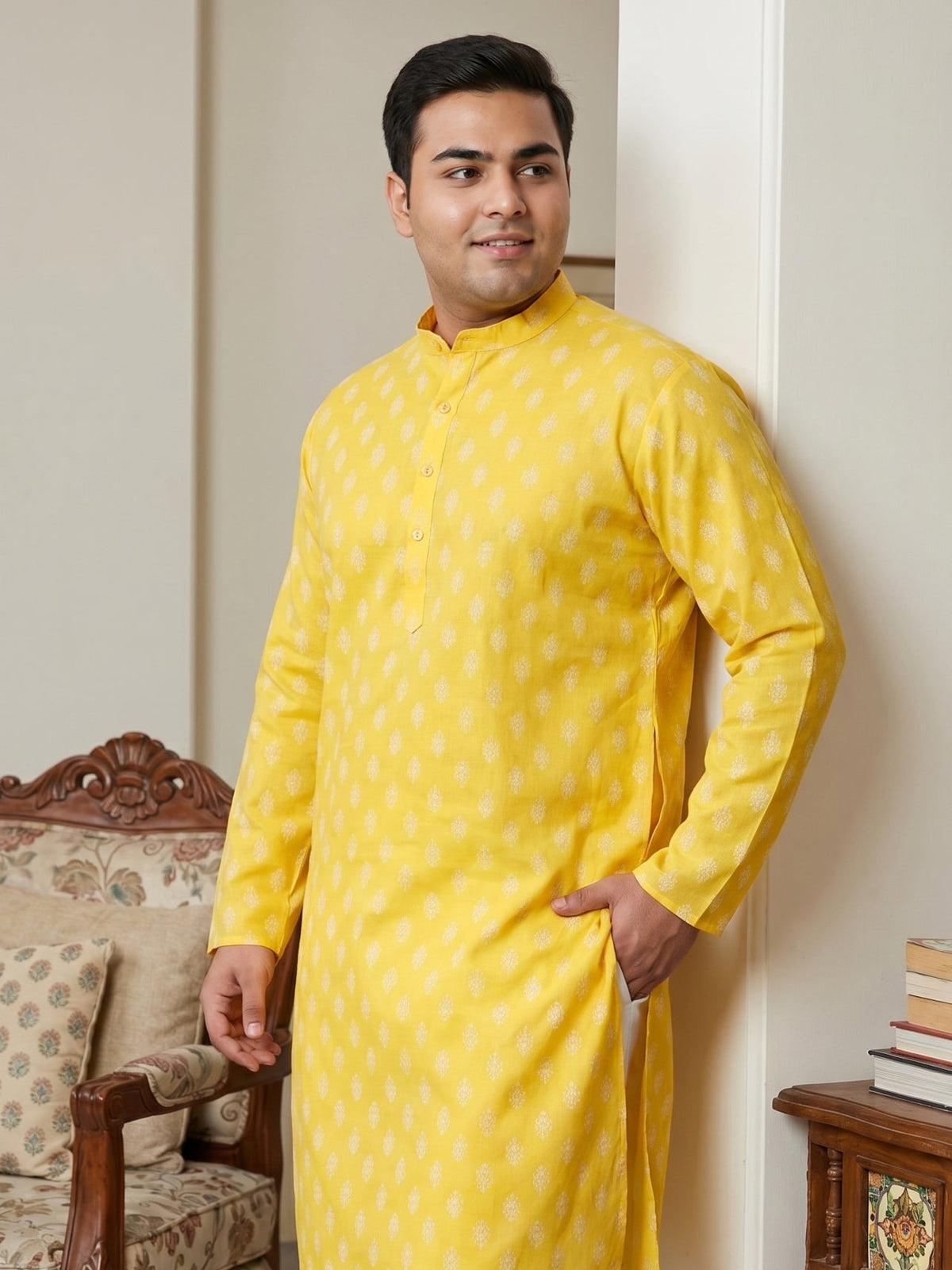 Floral Printed Kurta for Men ( KO 650Lemon  )