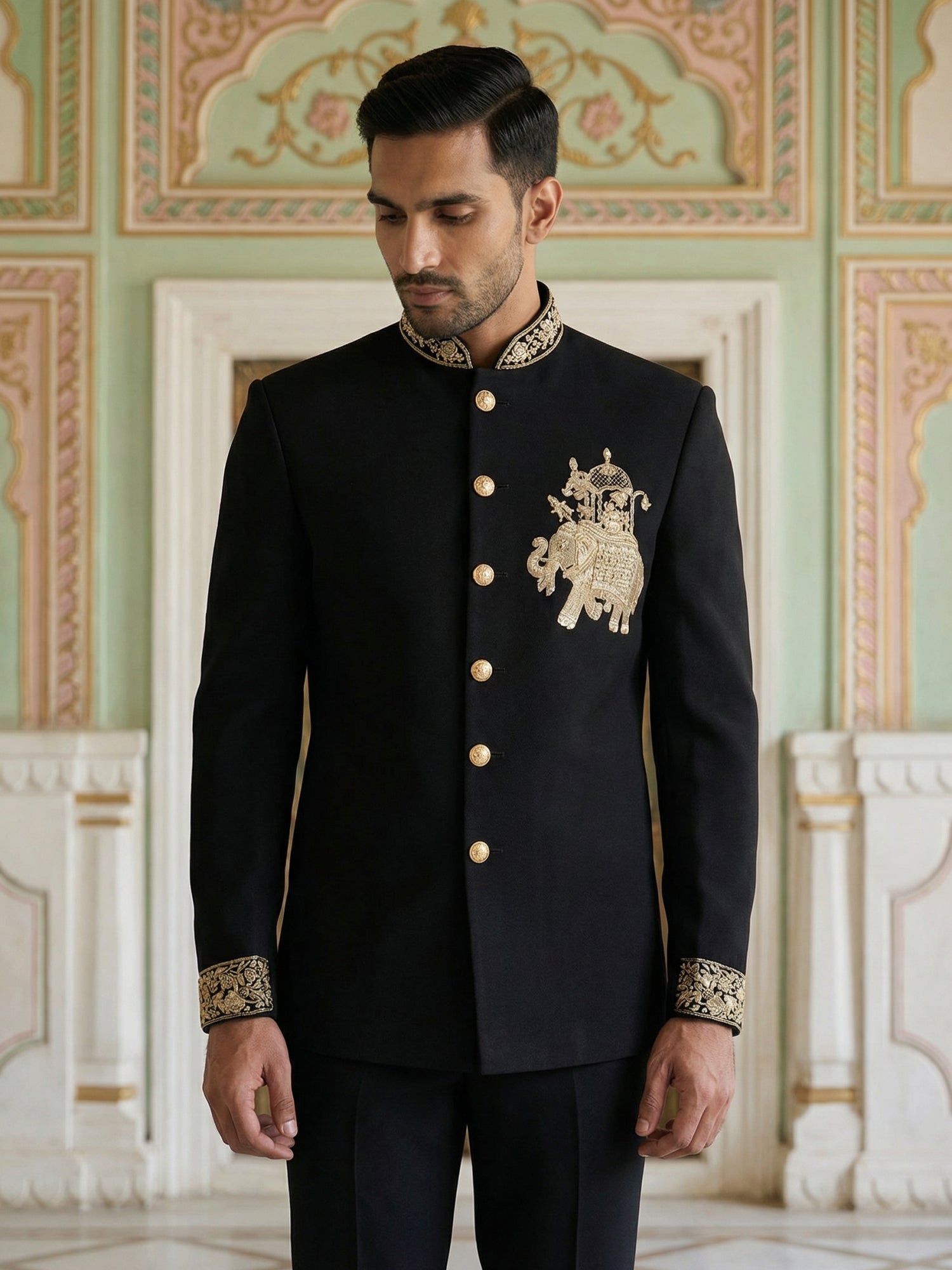 DesiQlo Men Embroidered Indo Western Set - Black - 50JIND_156Black_S