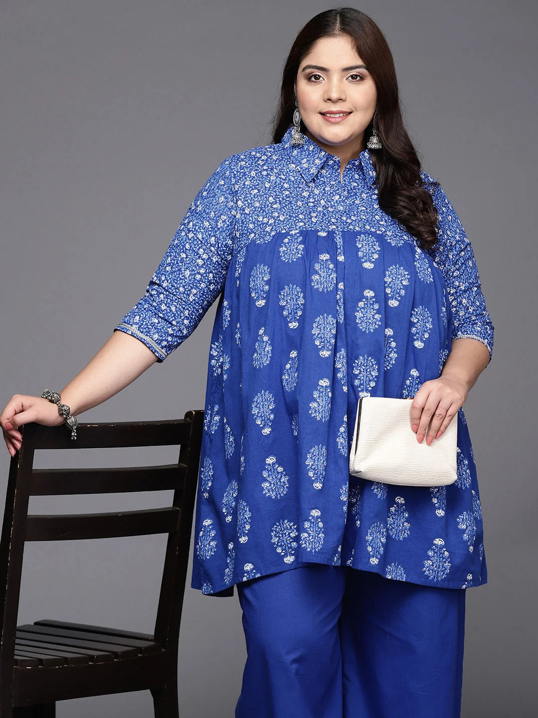 Blue Printed Cotton Co Ord Sets Women for Plus Size