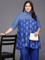 Blue Printed Plus Size Pure Cotton Tunic with Palazzos-AP-AHTUPZ-COMBO-703