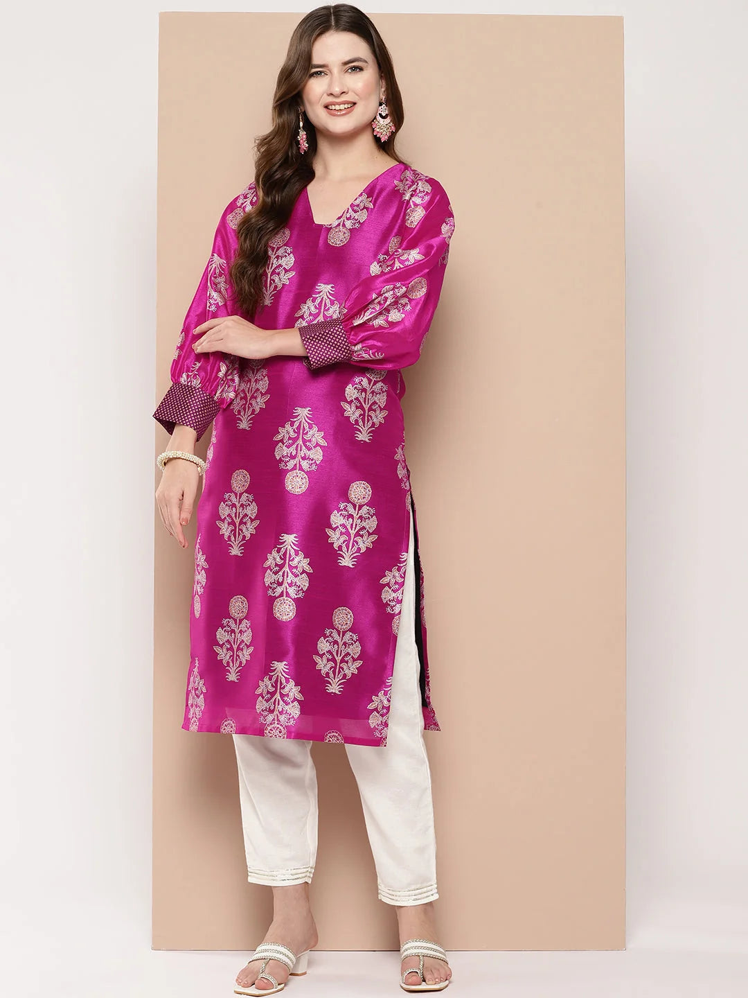 Pink & Gold Toned Block Print Kurta-AHKUPSGP-1101-ICH