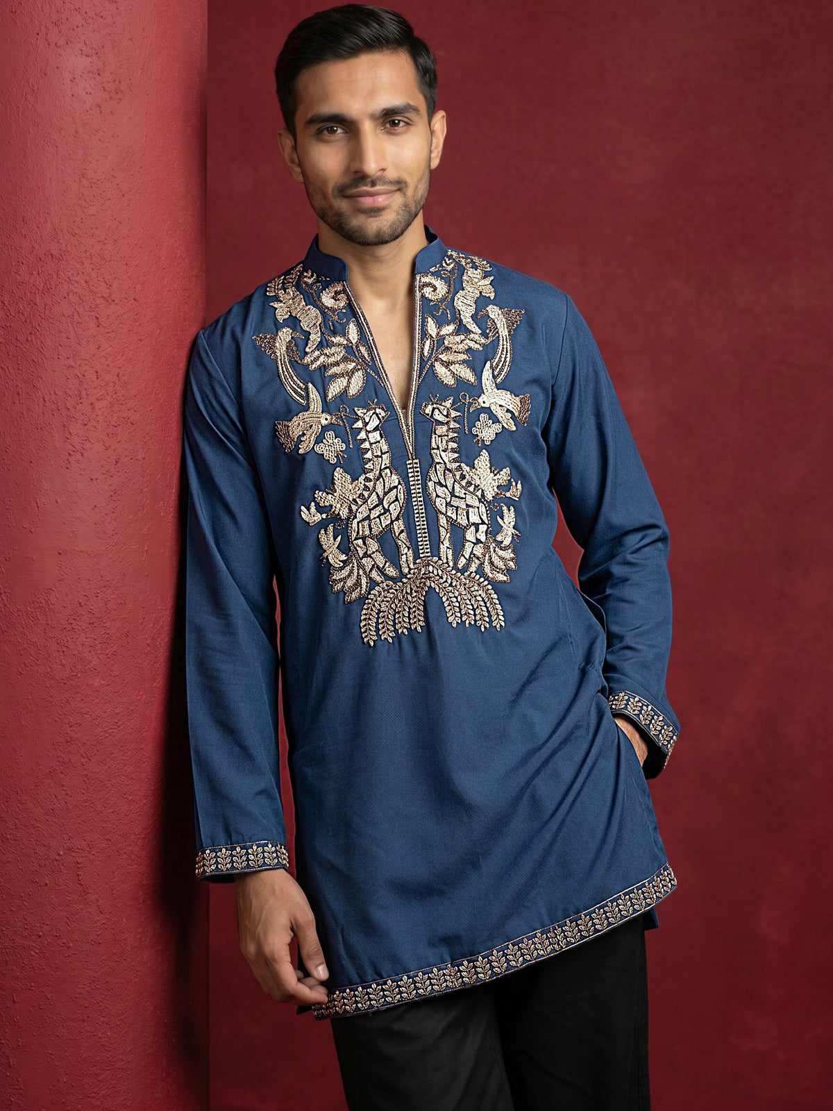 Men's Japanese Fabric Embroidered Kurta with Korean Pants Set ( 65KP PJ11B 5592Peacock ) [FF] [G-4]