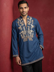 Men's Japanese Fabric Embroidered Kurta with Korean Pants Set ( 65KP PJ11B 5592Peacock ) [FF] [G-4]