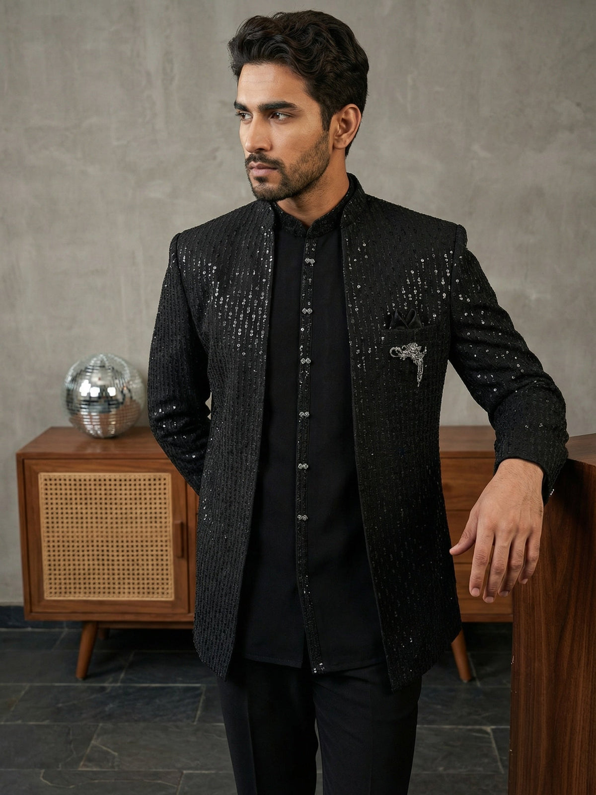 Men’s Premium Embroidered Indo-Western Set ( 50JIND 128Black S )