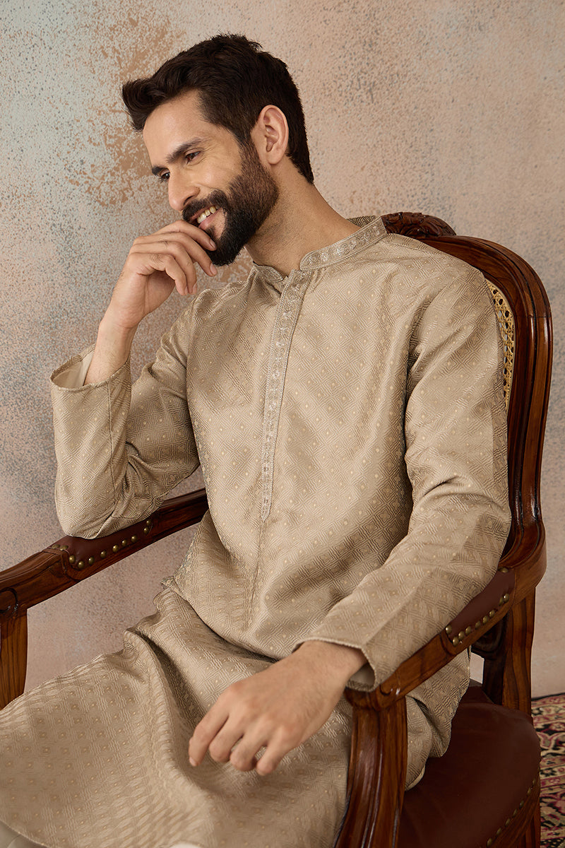 Beige Silk Blend Embroidered Solid Straight Kurta MKU2326