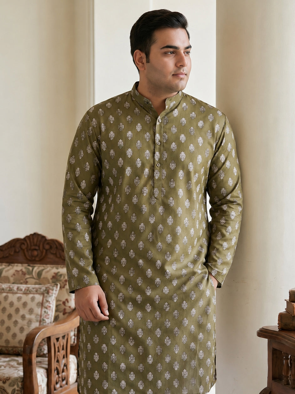 Floral Printed Kurta for Men ( KO 650Olive  )