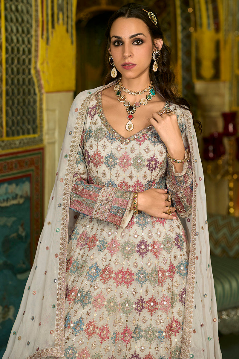 Off White Georgette Embroidered With Hand Work Gown With Dupatta VKSET