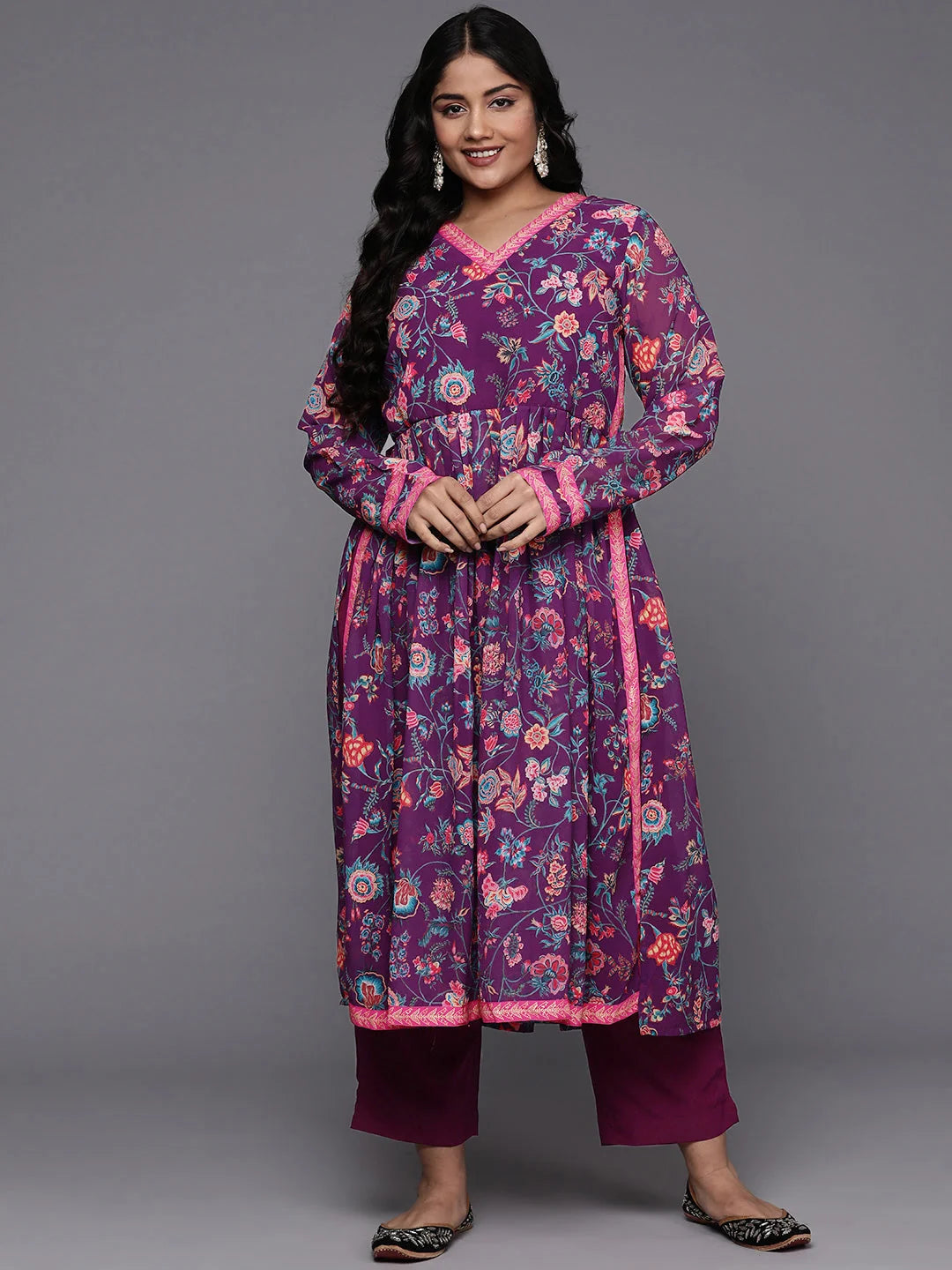 Plus Size Floral Printed High Slit Kurta with Trousers-AP-AHKUPN-Combo-838-ICH