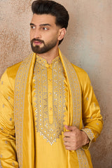 Yellow Silk Blend Solid Embroidered Kurta With Dupatta MKUD1026