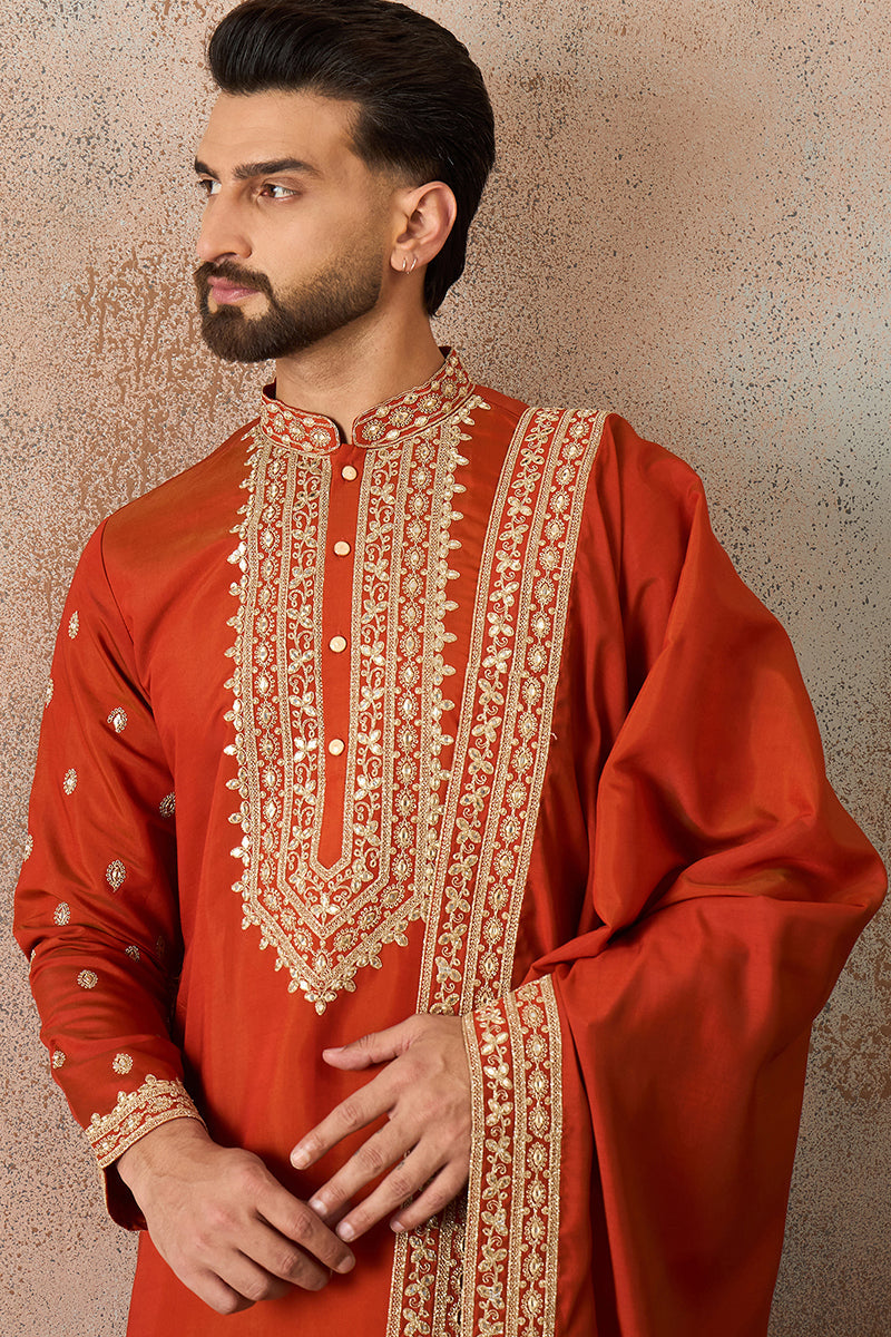 Orange Silk Blend Solid Embroidered Kurta With Dupatta MKUD1028