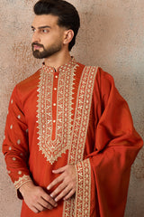 Orange Silk Blend Solid Embroidered Kurta With Dupatta MKUD1028
