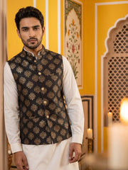 Men's Black Printed Nehru Jacket With Solid Kurta Pyjama ( JOKPWC 592W 4032Black )