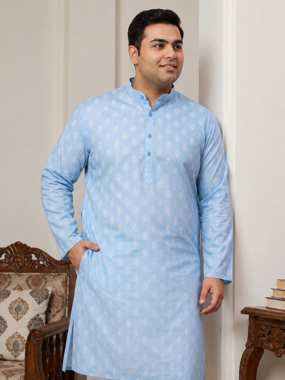 DesiQlo Men Printed Kurta Only - Blue - KO_650Sky_3XL