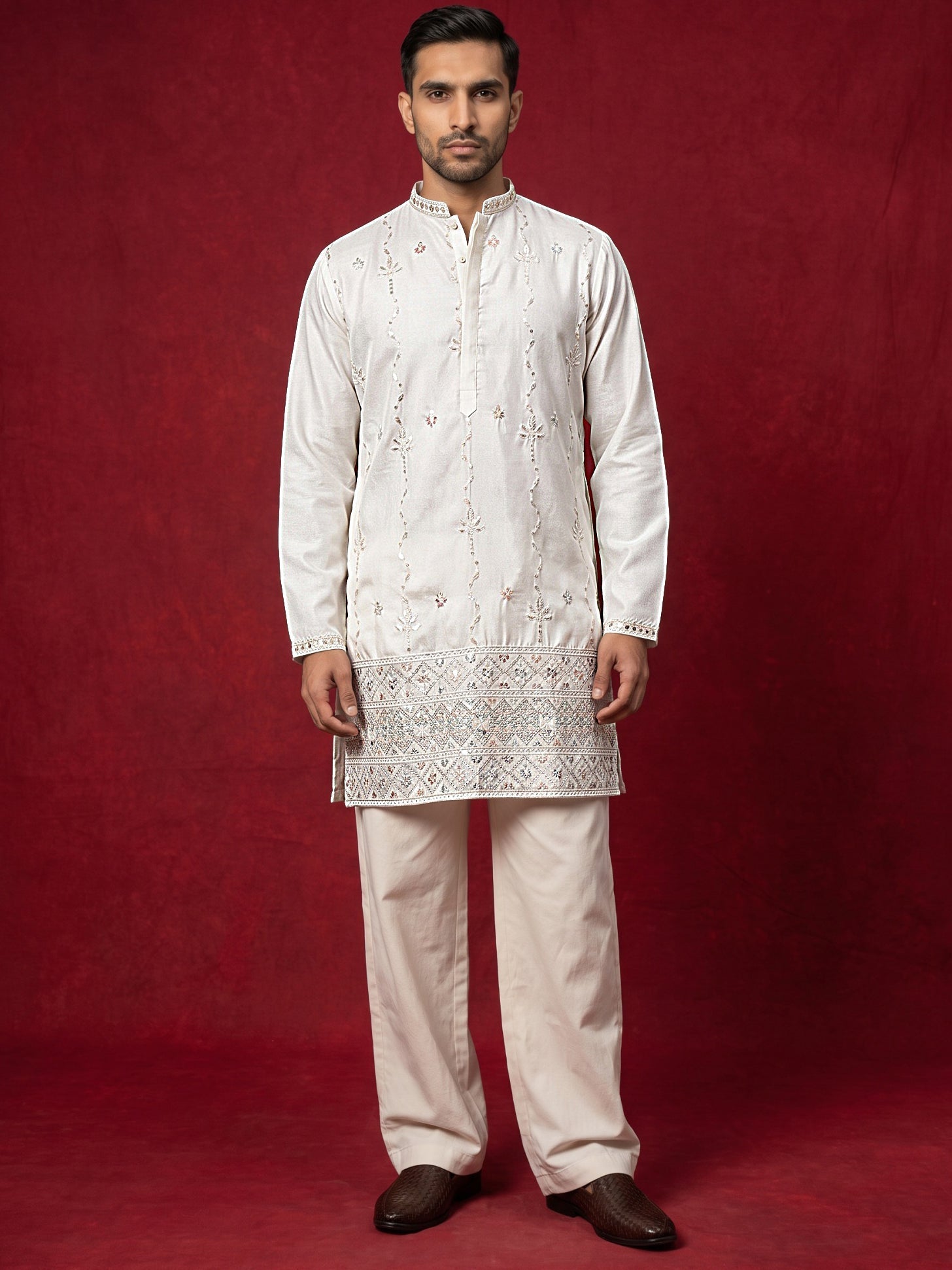 DesiQlo Men Embroidered Kurta Pyjama Set - White - 65KP_PJ11W_5595Whit
