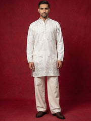 Men's Silk Blend Embroidered Kurta with Korean Pants Set ( 65KP PJ11W 5595White ) [FF] [G-4]