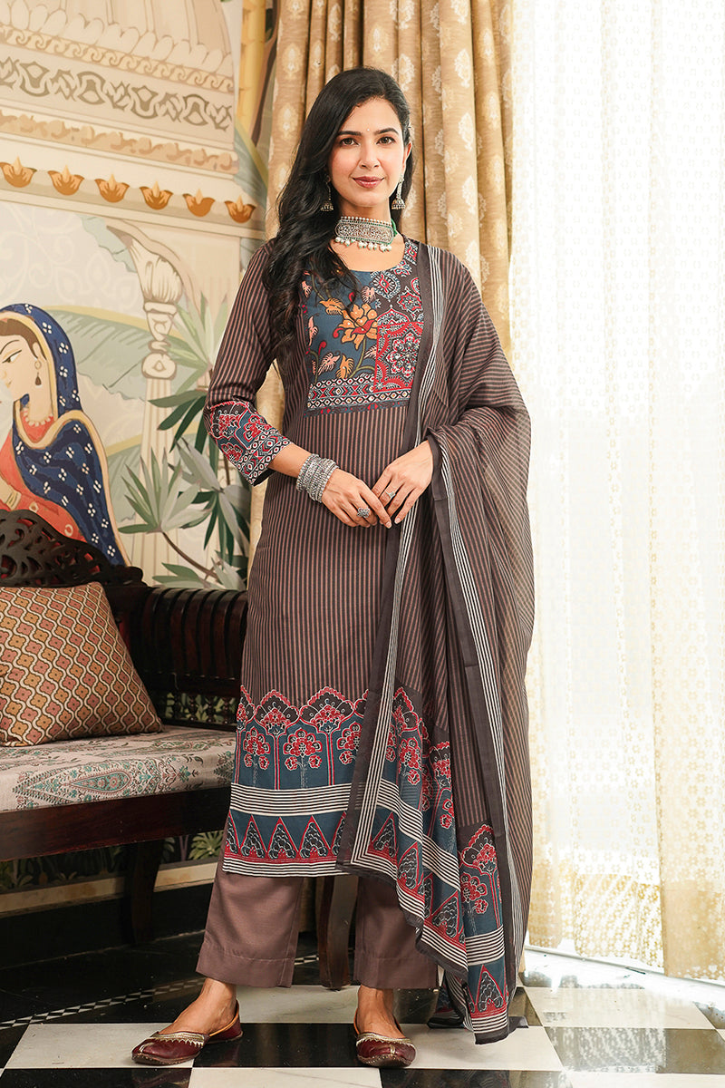 Brown Rayon Blend Ethnic Motifs Printed Straight Kurta Trousers With Dupatta PKSKD3072