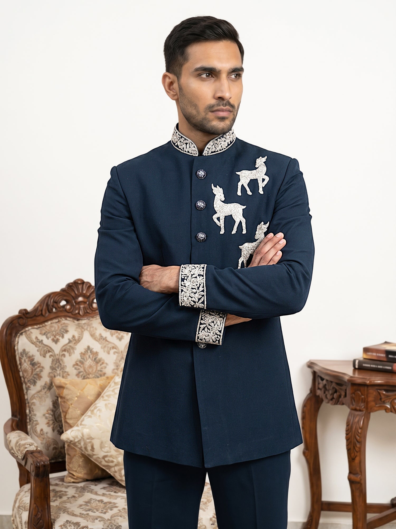 DesiQlo Men Embroidered Indo Western Set - Blue - 50JIND_216Navy_S