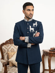 Deer Embroidered Japanese Fabric Indo-Western Set ( 50JIND 216Navy )